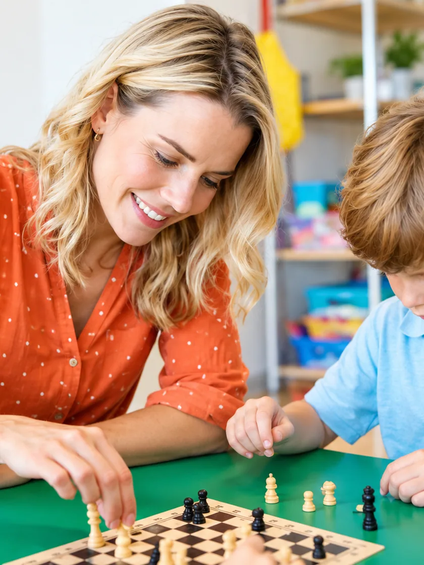 A smiling woman and a boy playing chess at a green table in a playroom, the boy reaching for a piece