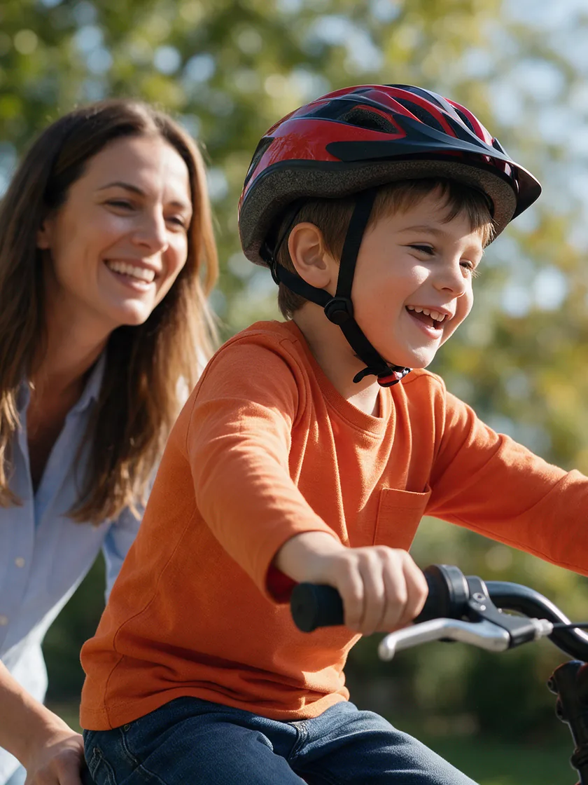 A laughing boy in a helmet riding a bike through a park while a parent walks alongside him