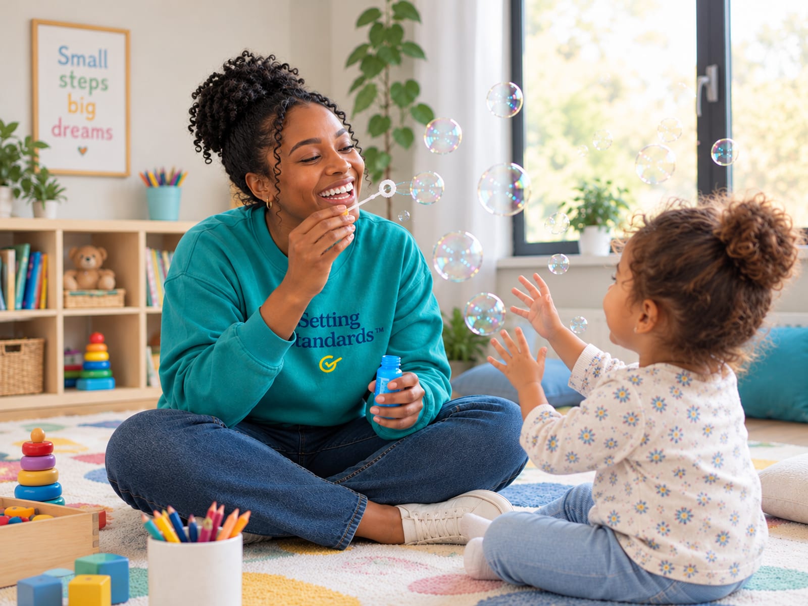 A therapist in a Setting Standards sweatshirt blowing bubbles on a playroom floor while a laughing toddler reaches for them