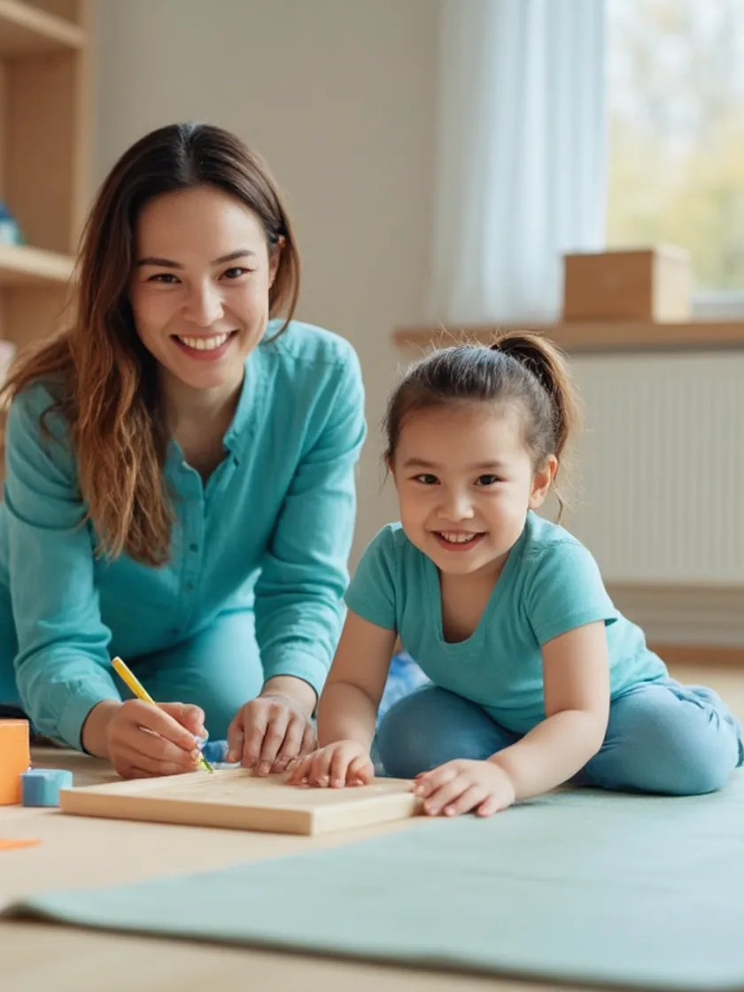 A therapist and a young girl kneeling on a playroom mat, drawing together on a wooden board