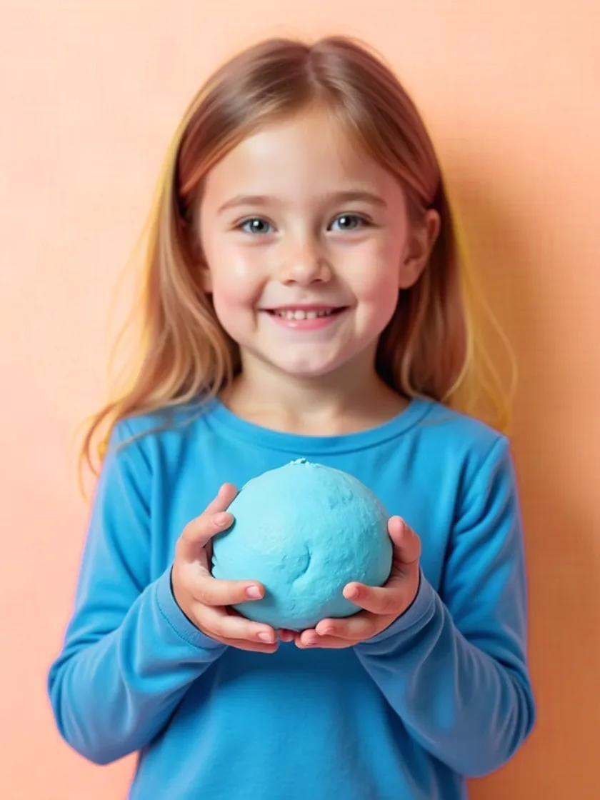 A child holding a ball of pale blue modelling clay in both hands, smiling at the camera