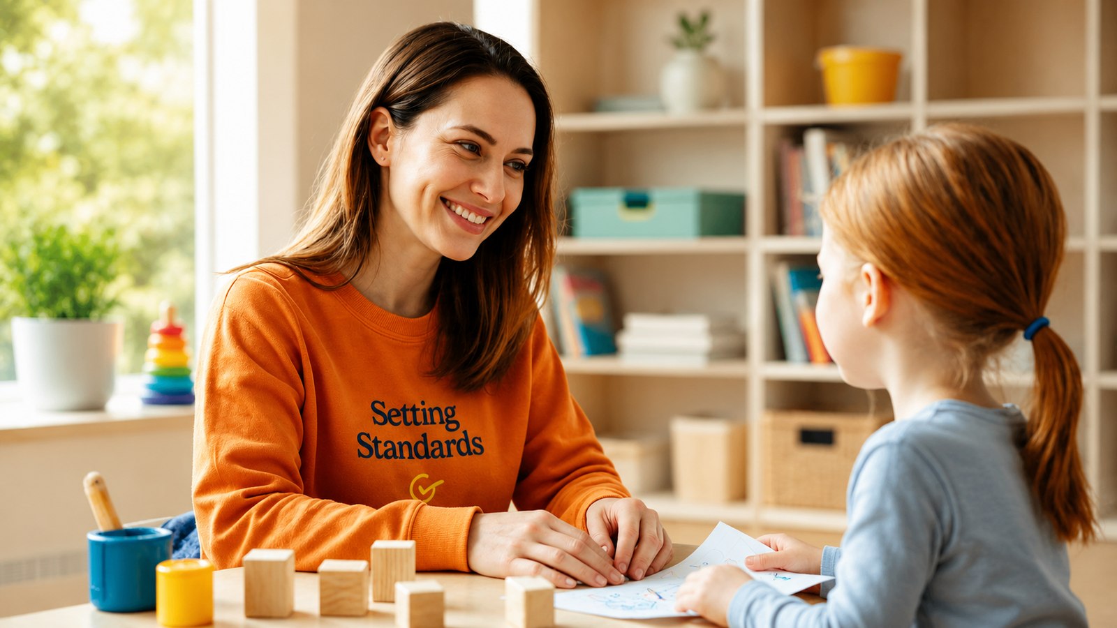 A smiling therapist in a Gold Standard sweatshirt working through a drawing at a table with a young child