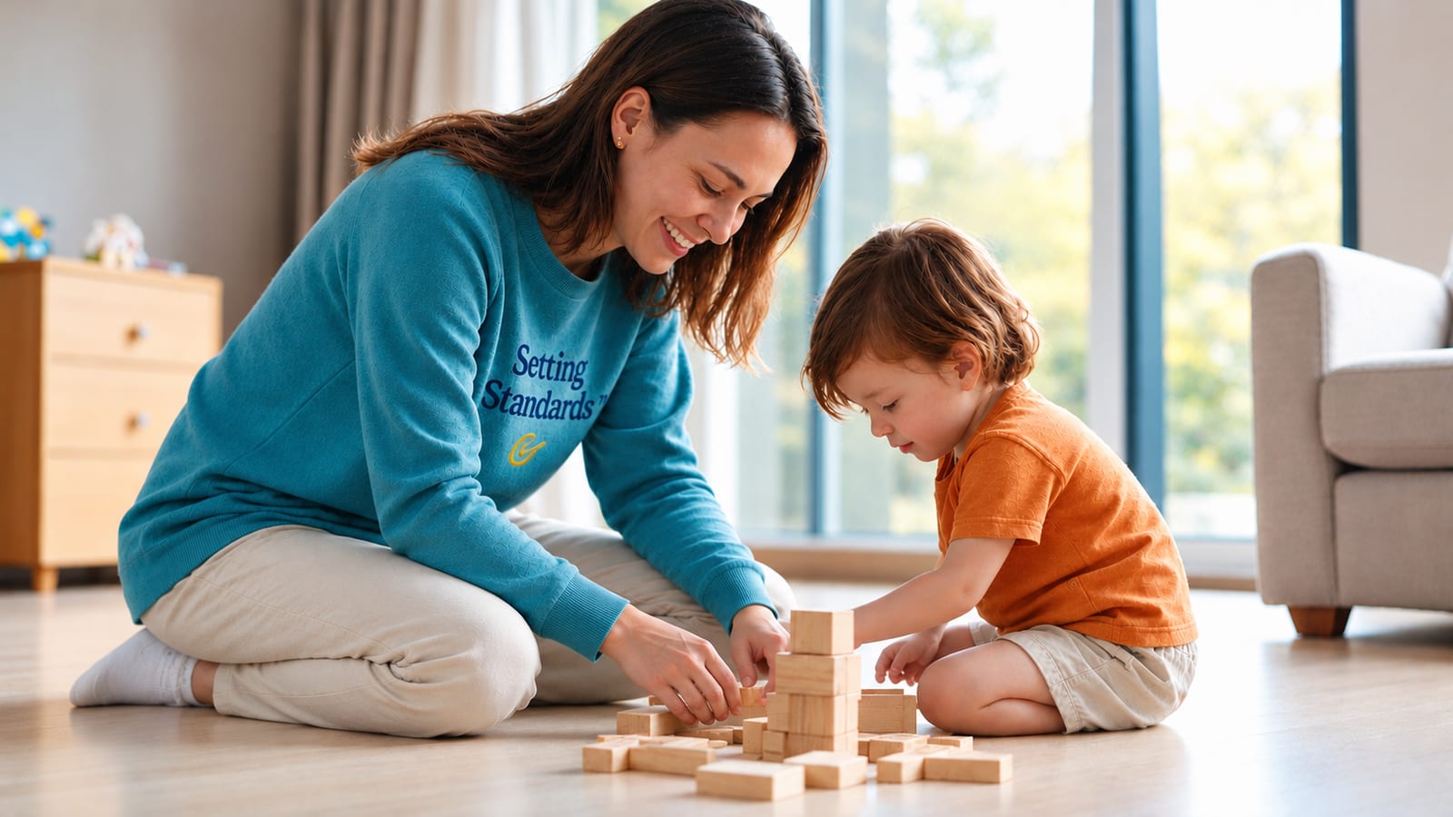 A therapist in a Gold Standard sweatshirt kneeling on a living room floor beside a toddler, the two of them stacking wooden blocks