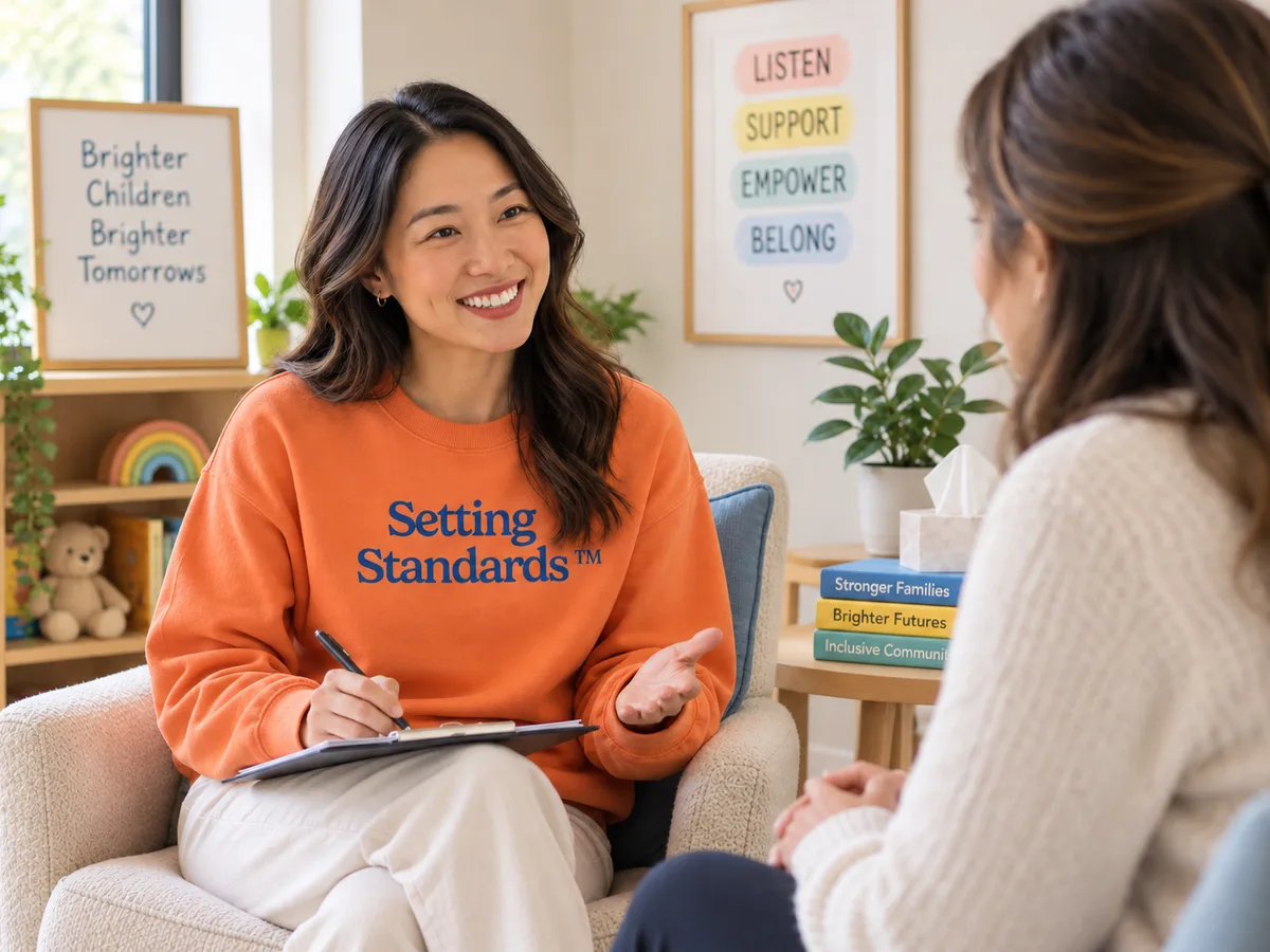 A therapist in an orange Setting Standards sweatshirt sitting with a notebook, talking and gesturing as she listens to a parent in a bright playroom