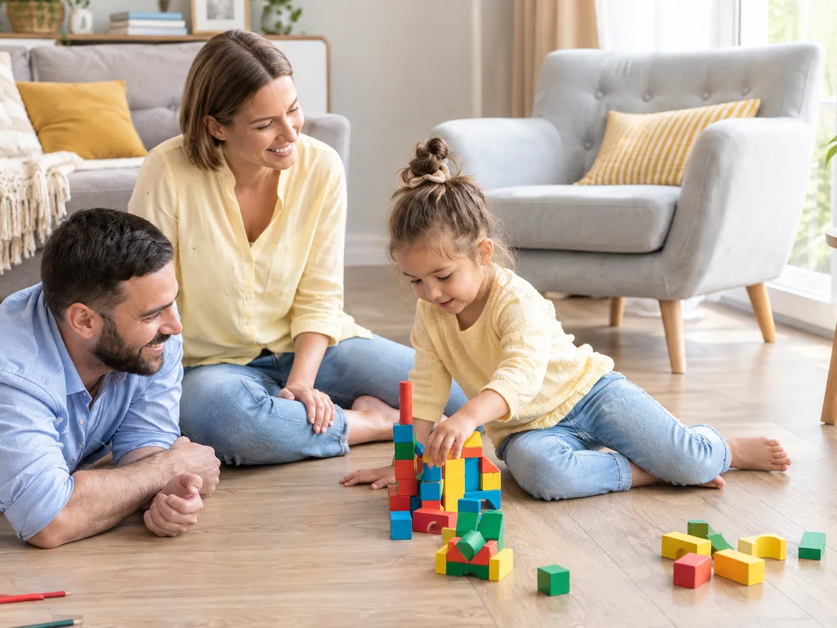 A girl kneeling on a living-room floor building a tower out of coloured wooden blocks