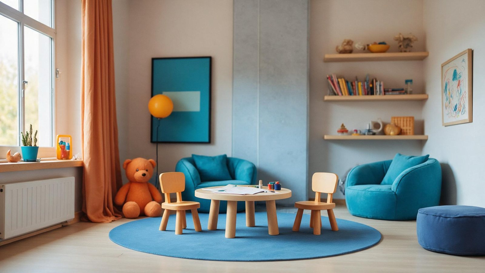 A bright therapy playroom with a small round table and two child-size chairs on a blue rug, blue armchairs and a teddy bear around it