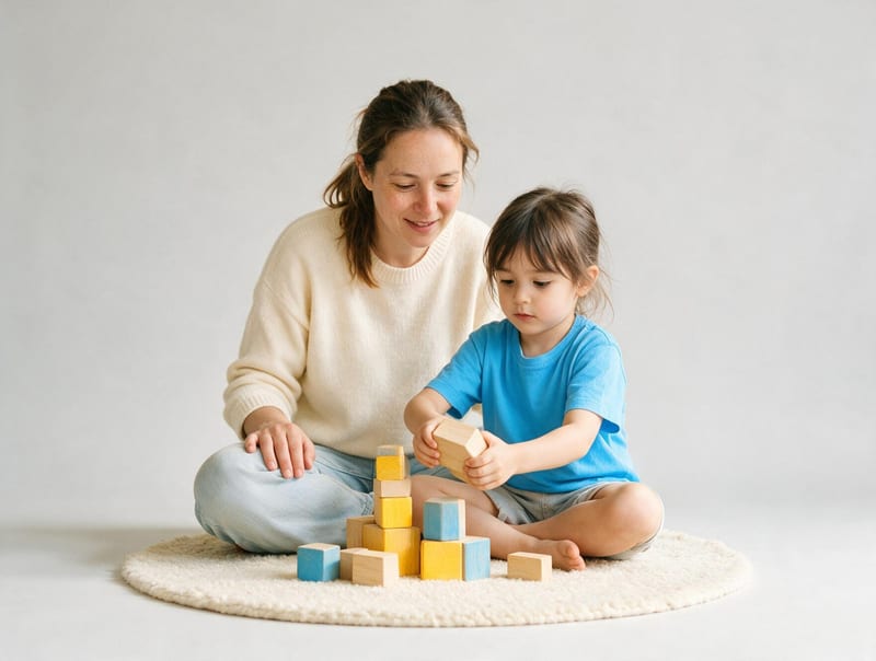 A young child in a blue shirt stacking wooden blocks on a rug while a smiling parent sits beside them